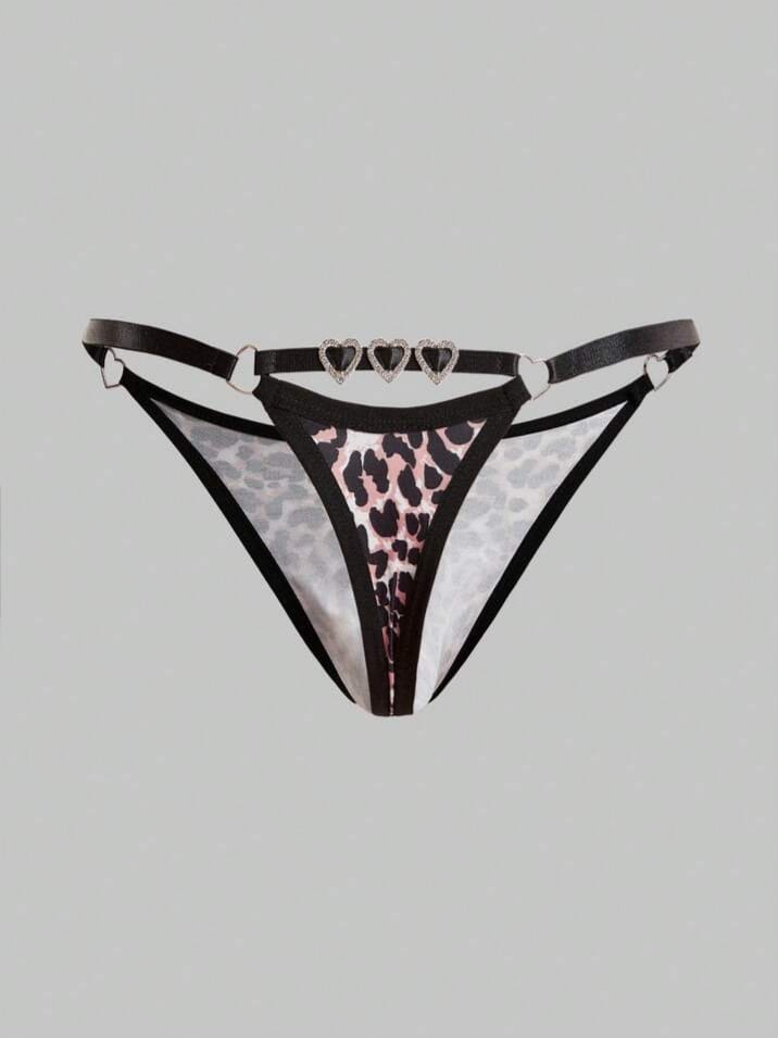 Men's Leopard Print Rhinestone Heart Decore Underwear
